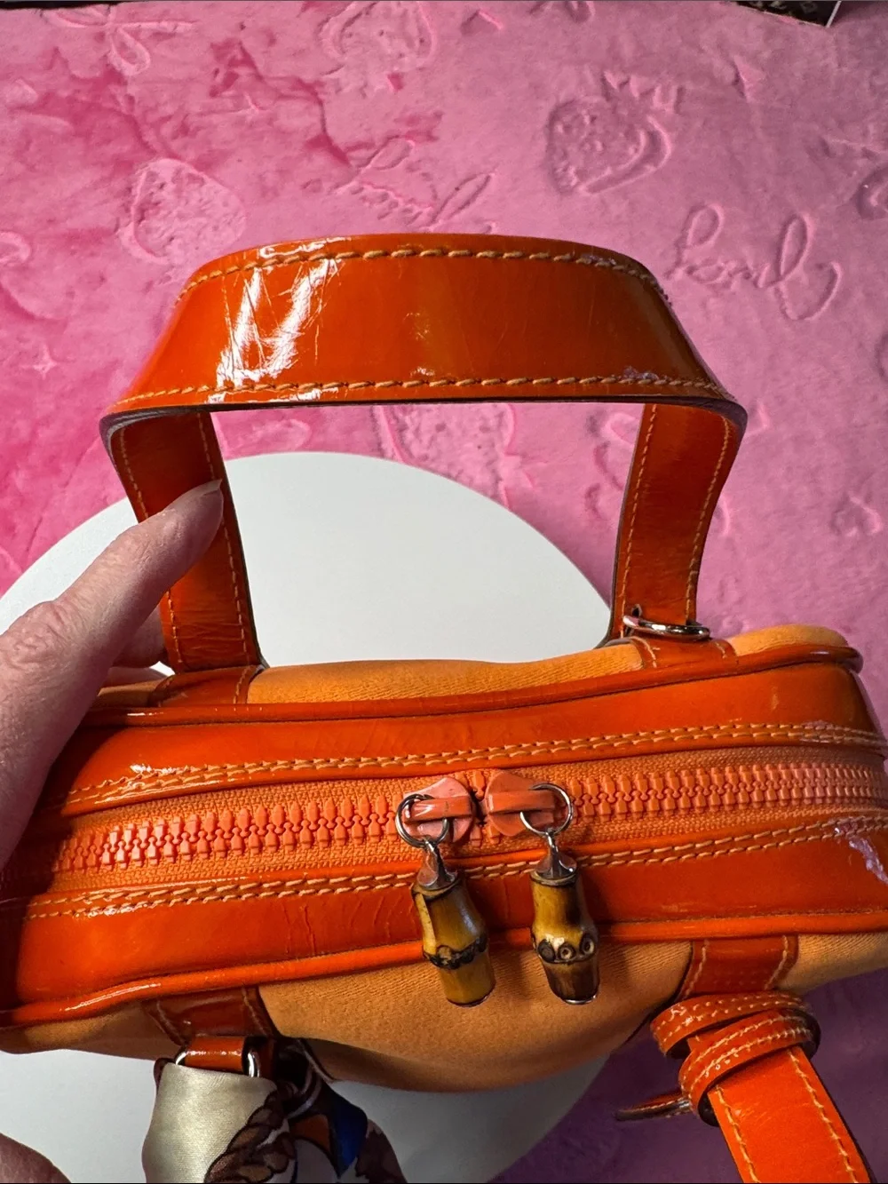 Gucci Coral Canvas & Orange Patent Leather TopZip Satchel/Crossbody Bamboo Pulls